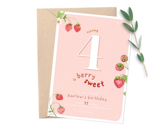 Strawberry Birthday Party Invitation / Vintage Wild Strawberry Pink Birthday Party Invite / Custom Digital Printable Download