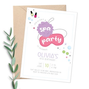 Spa Birthday Party Invitation / Nail Polish Manicure Pedicure Invite / Cucumber Loofah Eye Mask Spa / Custom Digital Printable Download