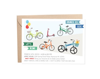 Bicycle Bike Birthday Party Invitation / Scooter and Bike Parade Birthday Party / Let's Ride Wheelie Fun / Custom Digital Printable Download