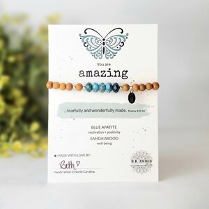 Blue Apatite | &quot;You are Amazing&quot; Inspirational Gemstone Bracelet | Abundance • Confidence | Christian • Religious | Psalms 139:14 | Crystal