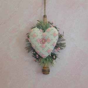 Shabby Cottage Chic Heart, Door Peg Rail Hanger, VTG Morgan Jones PINK Rosebud Chenille, Old Textile Mill Bobbin, Farmhouse Decor Gathering
