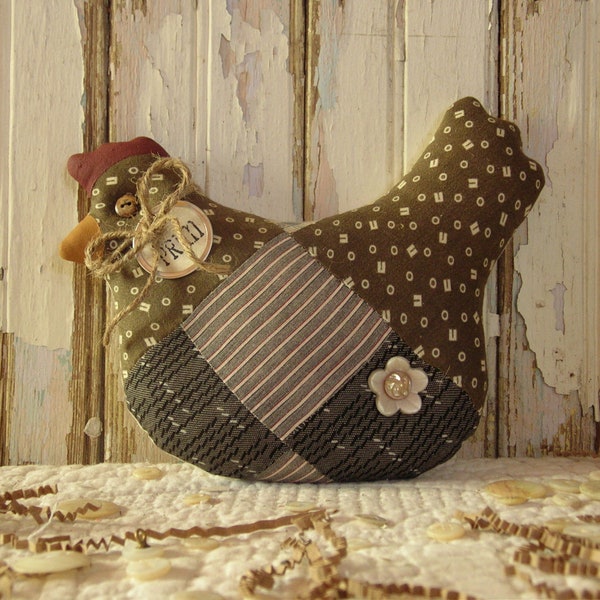 Folk Art Chicken, 1800's Quilt, Bowl Basket Filler, Biggie Hen Farmhouse Shelf Sitter, Primitive Farmhouse Prairie Homestead Cupboard Tuck