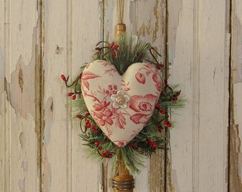19th Century French Red Cream Floral Toile Heart on VINTAGE Textile Bobbin Peg Knob Nail Door Hanger, Country Farmhouse Chateau Gathering