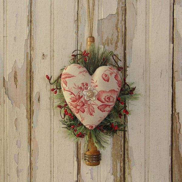 19th Century French Red Cream Floral Toile Heart on VINTAGE Textile Bobbin Peg Knob Nail Door Hanger, Country Farmhouse Chateau Gathering