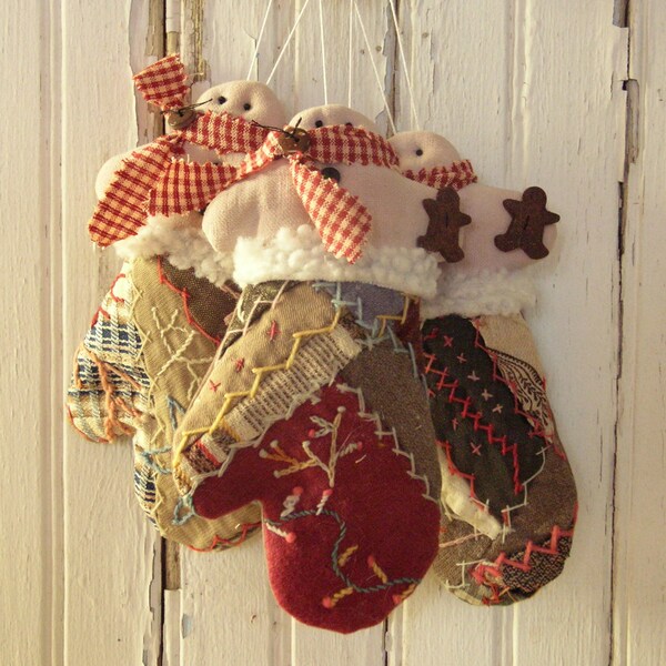 Primitive Christmas Ornament, Gingerbread Cookie Mitten, 1889 Fancy Embroidery Crazy Quilt, Rustic Farmhouse Peg Knob Nail Door Hanger