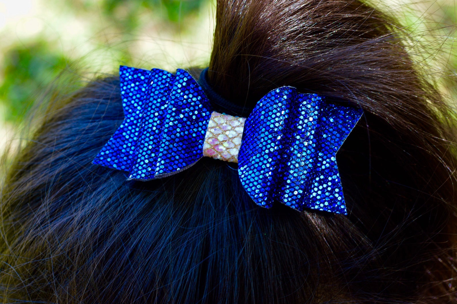 Large Blue Hair Bow - Sparkly Glitter Bow with Elastic Band - wide 5
