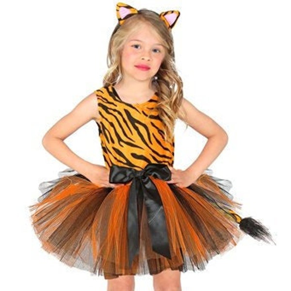 Tiger Kleid Kostüm Accessorize Party Mädchen Geburtstag Fancy Outfit Animal Print Stirnband Wild Tutu Kopfschmuck