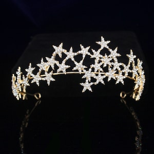 Luxury Gold Crystal Rhinestones Star Tiara Wedding Bridal  Crown Headband Women Hair Jewellery Accessories
