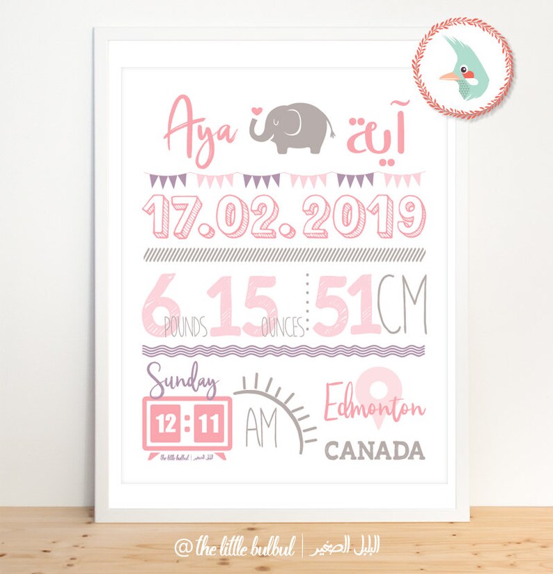 Digital Download of personalized Birth announcement with name in English/Arabic image 4