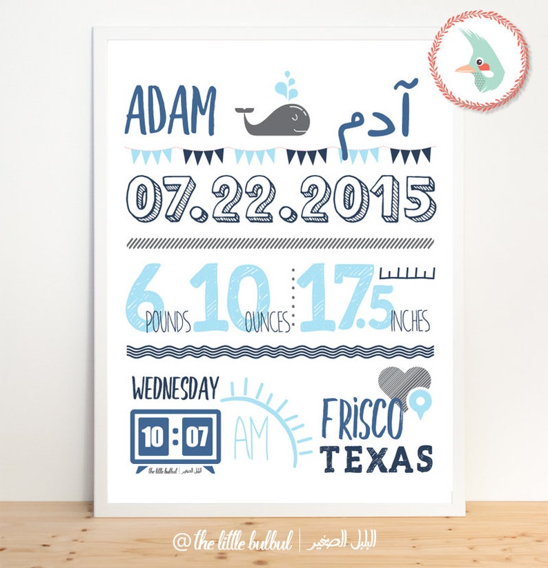 Digital Download of personalized Birth announcement with name in English/Arabic image 3