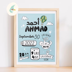Digital Download of personalized doodle style Birth announcement with name in English/Arabic