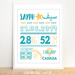 Digital Download of personalized Birth announcement with name in English/Arabic image 1