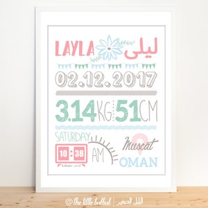 Digital Download of personalized Birth announcement with name in English/Arabic image 2