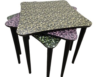 MCM Atomic Stacking Tables Three, mid century geometric stacking side tables, green pink accent tables