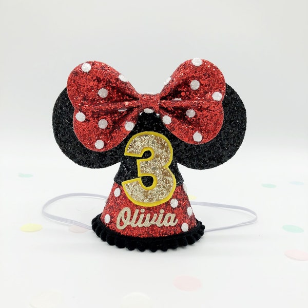 Minnie Mouse Party Hat | Disney Birthday Party Hat | smash cake | glitter hat | Minnie Mouse ears | Baby First birthday | disney party