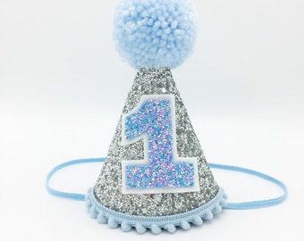 First Birthday Hat Blue & Silver | 1st Birthday | Baby birthday | Silver Glitter hat | photo prop smash cake hat | First Birthday party hat