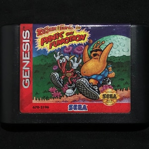 May include: Sega Genesis game cartridge for ToeJam & Earl in Panic on Funkotron. The cartridge is black with a red label featuring a cartoon image of two characters, one red and one yellow, against a colourful background. The text "ToeJam & Earl in Panic on Funkotron" is printed on the label.