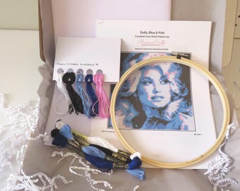 Dolly Parton Cross Stitch Kit: Blue & Pink Portrait
