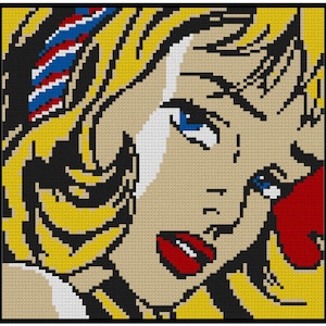 May include: A close-up of a woman's face with blonde hair, blue eyes, and red lips. She is wearing a blue, white, and red striped headband. The image is in a pop art style.