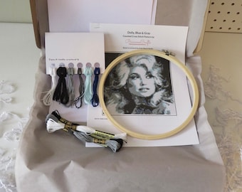 Dolly Parton Cross Stitch Kit: Blue & Gray Portrait, 8" Hoop