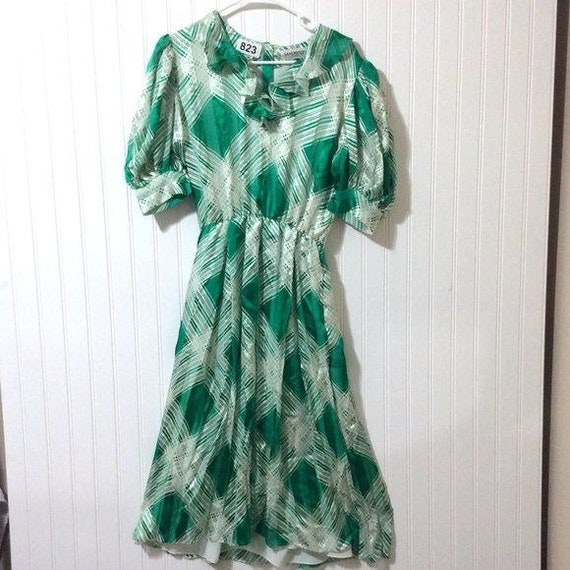 Vintage Sakowitz Silk Dress Green White Plaid Ruf… - image 2