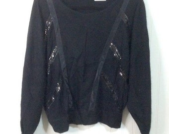 Vintage Womens Black Sequin Angora Lambswool Pullover Sweater Size Medium M