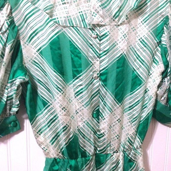 Vintage Sakowitz Silk Dress Green White Plaid Ruf… - image 4