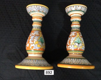 SBERNA Deruta Italy Hand Painted 12” Orange Multi Striped Candlesticks Pair
