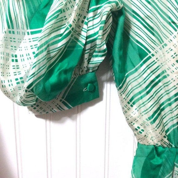 Vintage Sakowitz Silk Dress Green White Plaid Ruf… - image 5