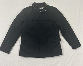 VTG Gap Rain Jacket Cargo Pocket Hideaway Hood Black Full Zip Button Down Mens S