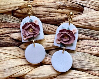 Floral Polymer Clay Earrings, Lightweight and Hypoallergenic, Stainless Steel, Gold Studs, Dangles