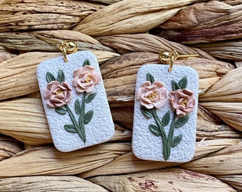 Floral Polymer Clay Earrings, Lightweight and Hypoallergenic, Stainless Steel, Gold Stud, Dangles