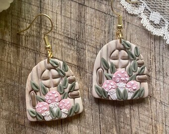 Mushroom Fairy Door Polymer Clay Earrings, Lightweight and Hypoallergenic, Stainless Steel, Gold Hooks, Cottagecore