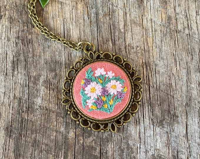 Hand Embroidered Wildflower Pendant Necklace