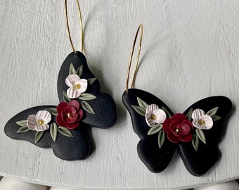 Floral Butterflies, Polymer Clay Earrings, Lightweight and Hypoallergenic, Gold Hoops