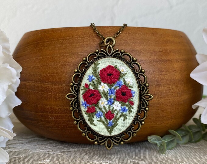 READY TO SHIP Hand Embroidered Wildflower Pendant Necklace