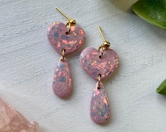 Valentine’s Day Sparkly Heart Danglies, Polymer Clay Earrings, Lightweight and Hypoallergenic, Gold Ball Stud