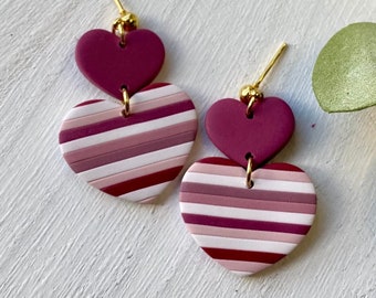 Valentine’s Day Heart Danglies, Polymer Clay Earrings, Lightweight and Hypoallergenic, Gold Ball Stud