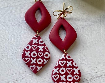 XOXO Valentine’s Day Danglies, Polymer Clay Earrings, Lightweight and Hypoallergenic, Gold Bow Stud