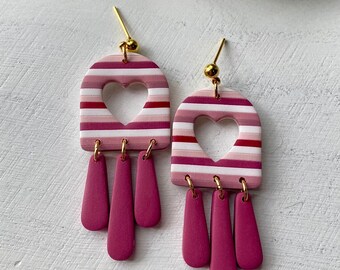 Valentine’s Day Danglies, Polymer Clay Earrings, Lightweight and Hypoallergenic, Gold Ball Stud