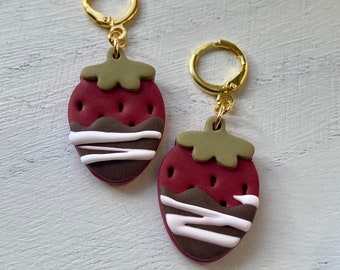 Valentine’s Day Chocolate Covered Strawberry Earrings, Polymer Clay Earrings, Lightweight and Hypoallergenic, Gold Leverback Huggie