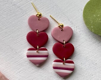 Valentine’s Day Heart Danglies, Polymer Clay Earrings, Lightweight and Hypoallergenic, Gold Ball Stud