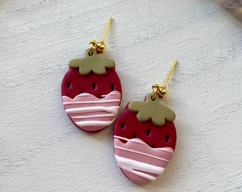 Valentine’s Day Chocolate Covered Strawberry Earrings, Polymer Clay Earrings, Lightweight and Hypoallergenic, Gold Ball Stud