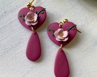 Valentine’s Day Floral Heart Danglies, Polymer Clay Earrings, Lightweight and Hypoallergenic, Gold Ball Stud