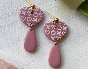 XOXO Valentine’s Day Heart Danglies, Polymer Clay Earrings, Lightweight and Hypoallergenic, Gold Ball Stud