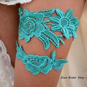 Teal Green Wedding Garter Set For Bride, Flower Lace Green Bridal Garter Teal Set, Wedding Teal Garters Sets, Green Lace Garters For Wedding image 3