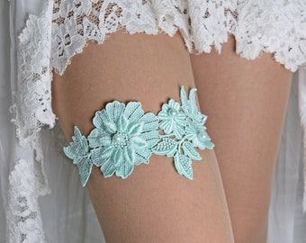 Mint Green Lace Wedding Garter Set For Brides, Wedding Garter, Bridal Garters Mint, Flower Garter Set, Wedding Toss Garter, Lingerie Garter