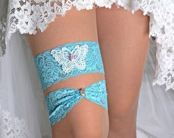 Wedding Garter Set Pale Teal Lace Rihenstones For Bride, Garter Set, Bridal Garter Blue, Bridal Garter Teal, Garter Butterfly, Toss Garter