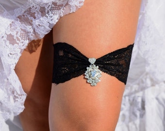 Black Wedding Garter Set For Bride Lace Garters, Bridal Heart Rhinestone Garters, Black & Clear Bridal Garter, Handmade Black Garter Sets