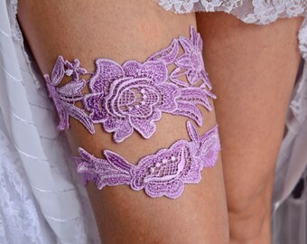 Lavender Purple Wedding Garter Set For Bride, Garter Lavender Wedding Gift Set, Purple Garter Set, Plum Purple Lace Garter Set, Lilac Garter